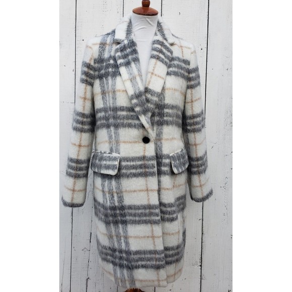 BCBG Maxazria Ivory Grey Plaid Coat Peacoat W Pockets Button Closure Sz XS NEW - Picture 2 of 9